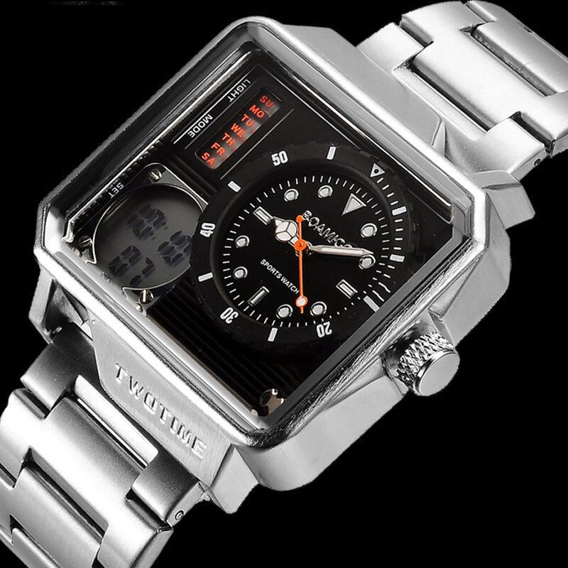 Creatief Heren Digitaal Horloge Grote Wijzerplaat Dual Tijdzone Led Licht Datum Weekweergave Roestvrij Stalen Band Dual Display Horloge
