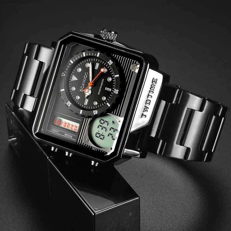 Creatief Heren Digitaal Horloge Grote Wijzerplaat Dual Tijdzone Led Licht Datum Weekweergave Roestvrij Stalen Band Dual Display Horloge