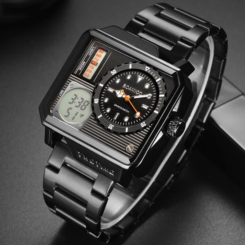 Creatief Heren Digitaal Horloge Grote Wijzerplaat Dual Tijdzone Led Licht Datum Weekweergave Roestvrij Stalen Band Dual Display Horloge