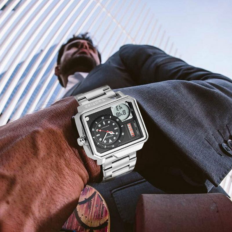 Creatief Heren Digitaal Horloge Grote Wijzerplaat Dual Tijdzone Led Licht Datum Weekweergave Roestvrij Stalen Band Dual Display Horloge