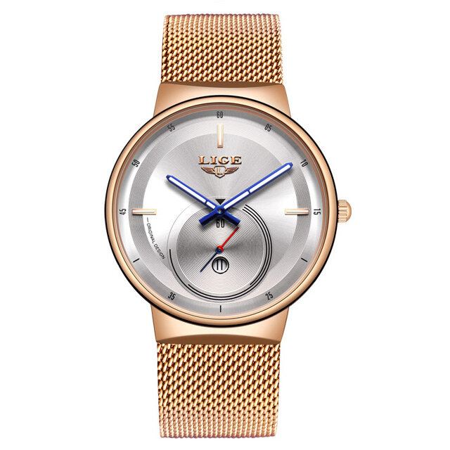 Herenmode Volledige Stalen Band Datumweergave Horloge Quartz Horloge