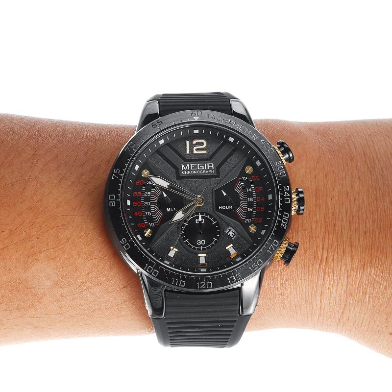 Lichtgevende Wijzerplaat Kalender Chronograaf Siliconen Band Heren Waterdicht Sport Quartz Horloge