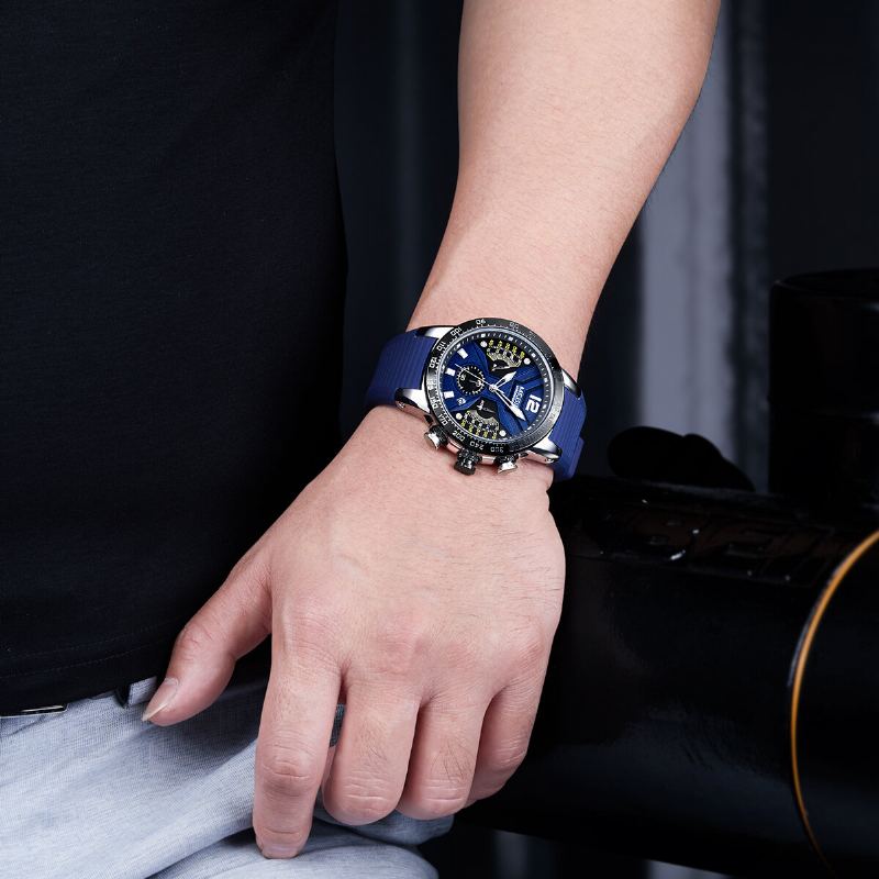 Lichtgevende Wijzerplaat Kalender Chronograaf Siliconen Band Heren Waterdicht Sport Quartz Horloge