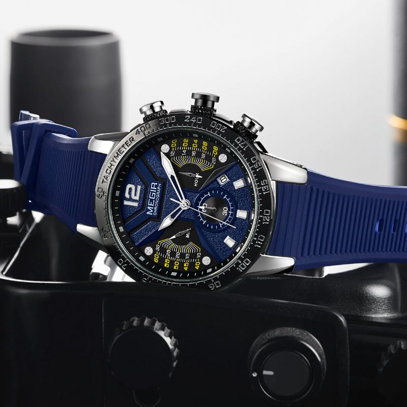 Lichtgevende Wijzerplaat Kalender Chronograaf Siliconen Band Heren Waterdicht Sport Quartz Horloge