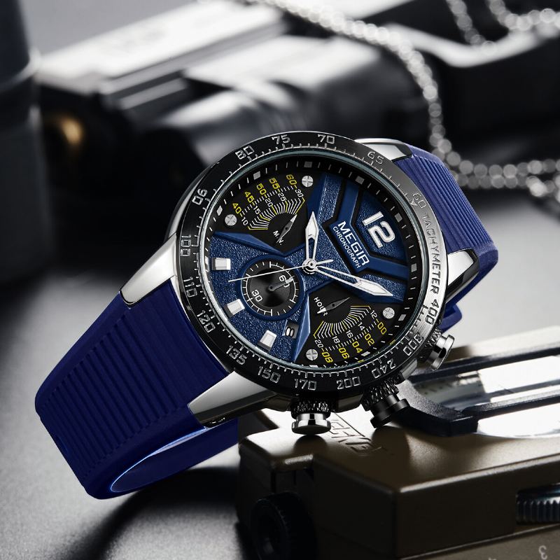 Lichtgevende Wijzerplaat Kalender Chronograaf Siliconen Band Heren Waterdicht Sport Quartz Horloge