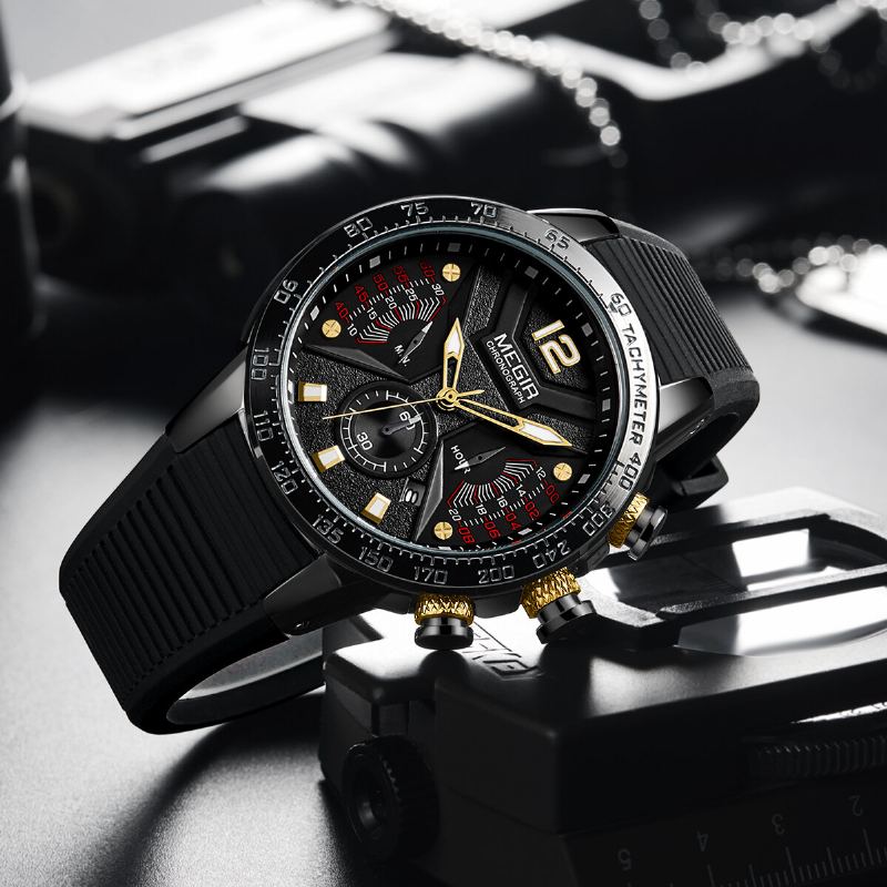 Lichtgevende Wijzerplaat Kalender Chronograaf Siliconen Band Heren Waterdicht Sport Quartz Horloge
