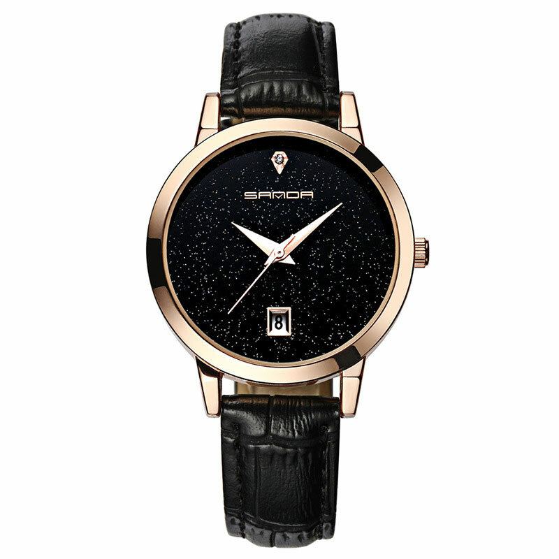 Mode Lederen Band Zwarte Sterrenhemel Wijzerplaat Datumweergave Dames Jurk Dames Quartz Horloge