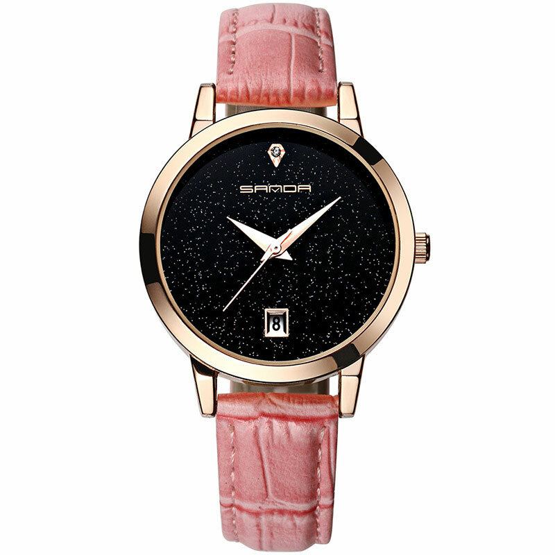 Mode Lederen Band Zwarte Sterrenhemel Wijzerplaat Datumweergave Dames Jurk Dames Quartz Horloge
