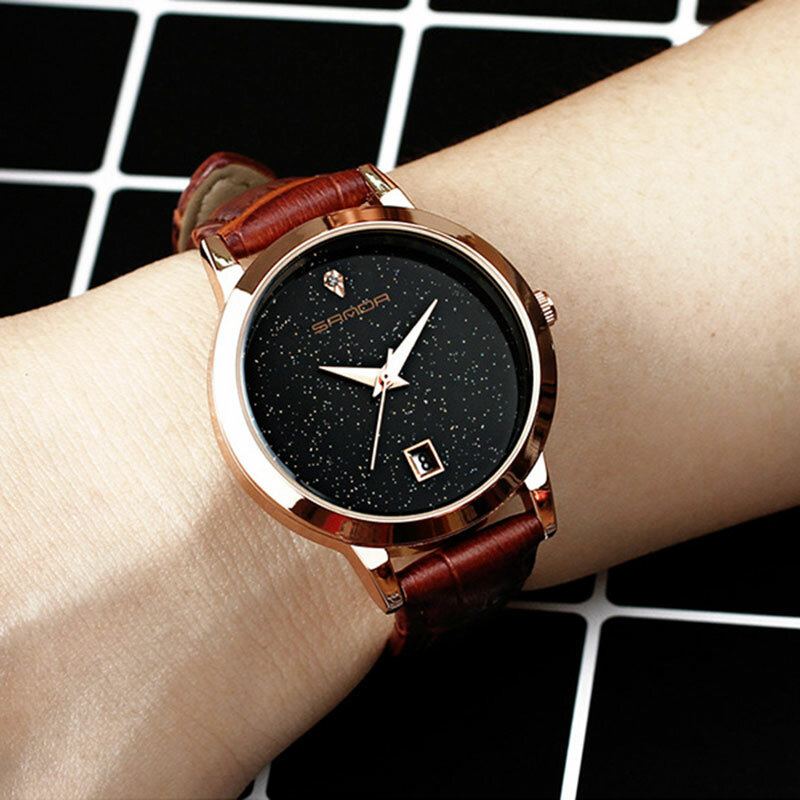 Mode Lederen Band Zwarte Sterrenhemel Wijzerplaat Datumweergave Dames Jurk Dames Quartz Horloge