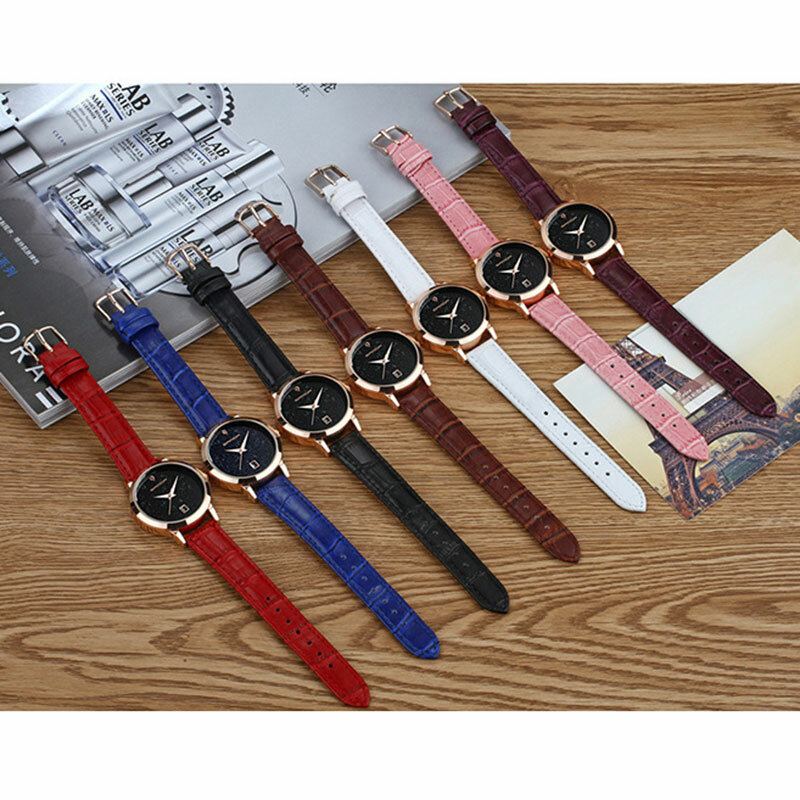 Mode Lederen Band Zwarte Sterrenhemel Wijzerplaat Datumweergave Dames Jurk Dames Quartz Horloge