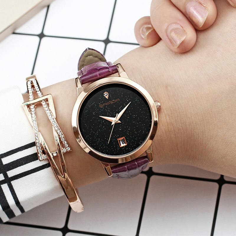 Mode Lederen Band Zwarte Sterrenhemel Wijzerplaat Datumweergave Dames Jurk Dames Quartz Horloge