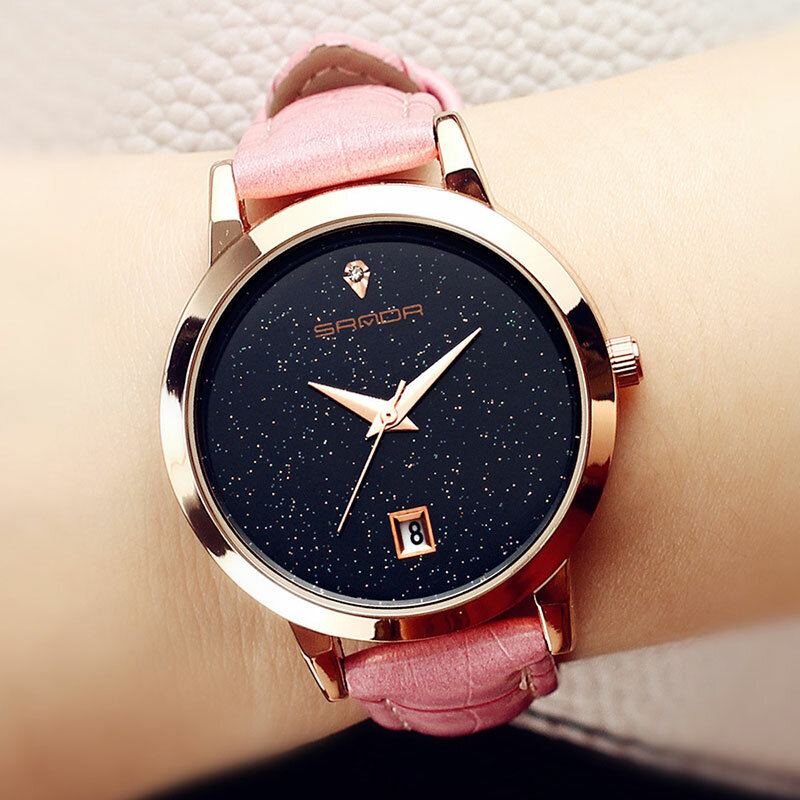 Mode Lederen Band Zwarte Sterrenhemel Wijzerplaat Datumweergave Dames Jurk Dames Quartz Horloge