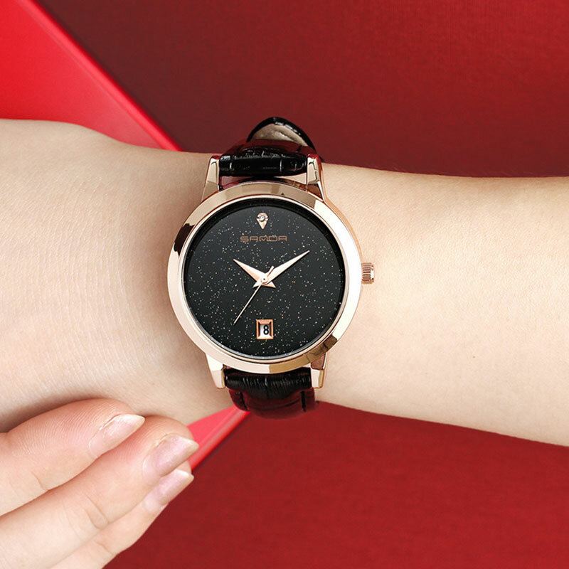 Mode Lederen Band Zwarte Sterrenhemel Wijzerplaat Datumweergave Dames Jurk Dames Quartz Horloge