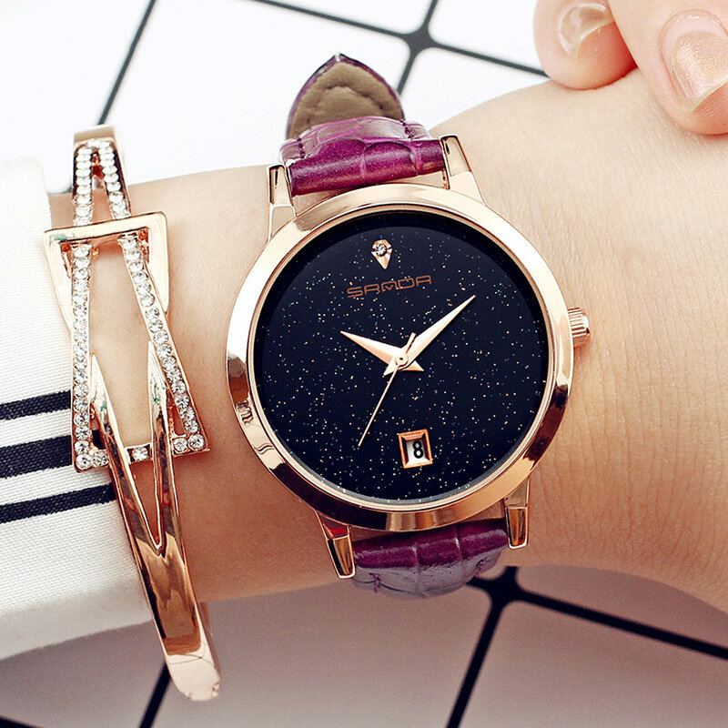 Mode Lederen Band Zwarte Sterrenhemel Wijzerplaat Datumweergave Dames Jurk Dames Quartz Horloge