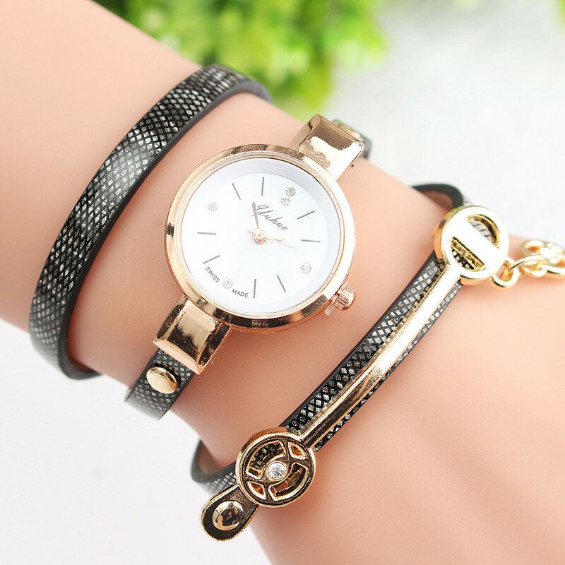 Mode Pu Lederen Band Eenvoudige Kristallen Wijzerplaat Dameshorloge Dames Jurk Quartz Horloge