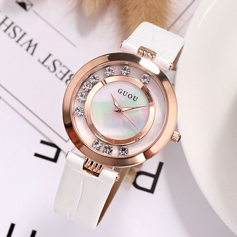 Mode Vrouwen Horloge Licht Luxe Volledige Stalen Glitter Diamanten Lederen Band Vrouwelijke Quartz Horloge