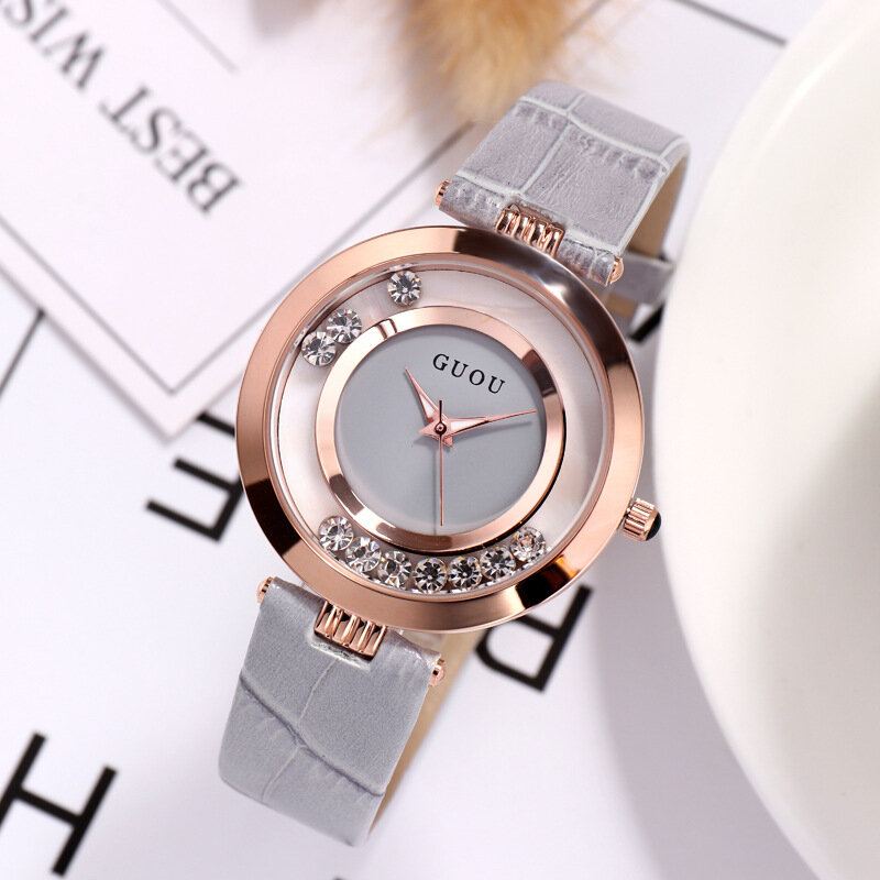 Mode Vrouwen Horloge Licht Luxe Volledige Stalen Glitter Diamanten Lederen Band Vrouwelijke Quartz Horloge