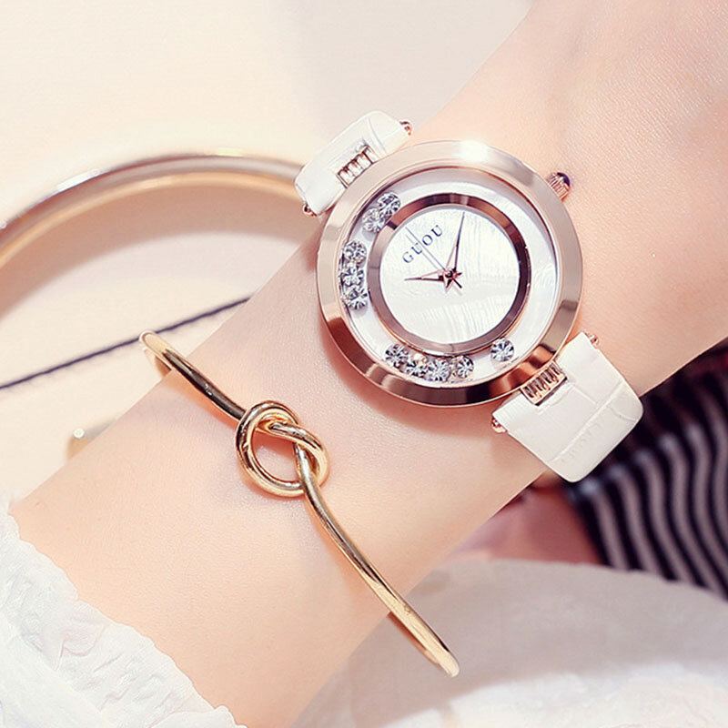 Mode Vrouwen Horloge Licht Luxe Volledige Stalen Glitter Diamanten Lederen Band Vrouwelijke Quartz Horloge