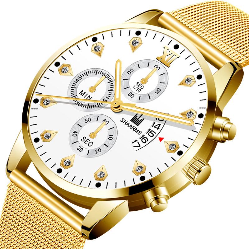 Mode Zakelijke Versierde Wijzer Met Kalender Wijzerplaat Legering Mesh Band Heren Quartz Horloge Polsband