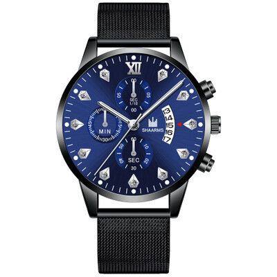 Mode Zakelijke Versierde Wijzer Met Kalender Wijzerplaat Legering Mesh Band Heren Quartz Horloge Polsband