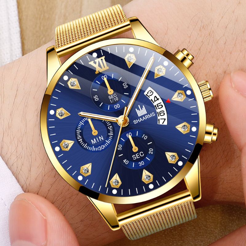 Mode Zakelijke Versierde Wijzer Met Kalender Wijzerplaat Legering Mesh Band Heren Quartz Horloge Polsband