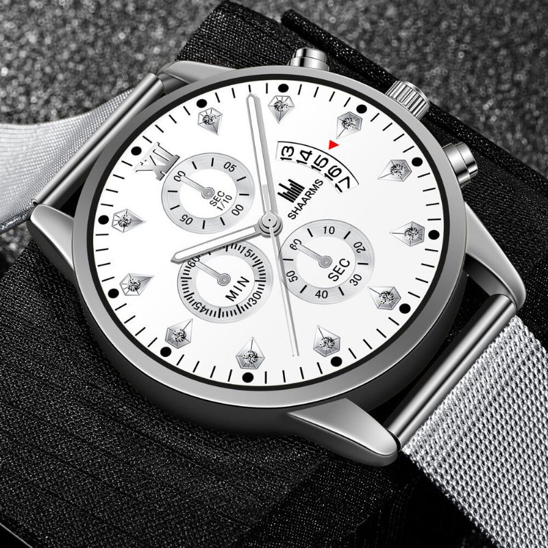 Mode Zakelijke Versierde Wijzer Met Kalender Wijzerplaat Legering Mesh Band Heren Quartz Horloge Polsband