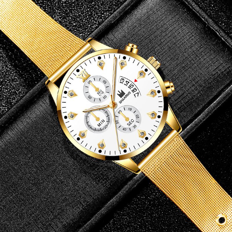 Mode Zakelijke Versierde Wijzer Met Kalender Wijzerplaat Legering Mesh Band Heren Quartz Horloge Polsband