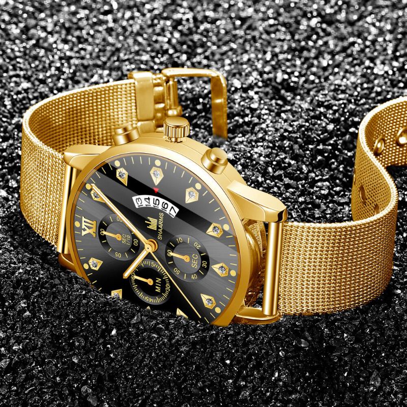 Mode Zakelijke Versierde Wijzer Met Kalender Wijzerplaat Legering Mesh Band Heren Quartz Horloge Polsband