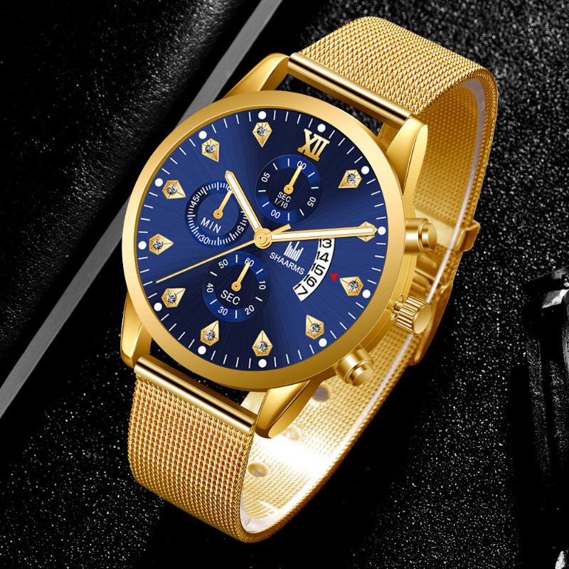 Mode Zakelijke Versierde Wijzer Met Kalender Wijzerplaat Legering Mesh Band Heren Quartz Horloge Polsband
