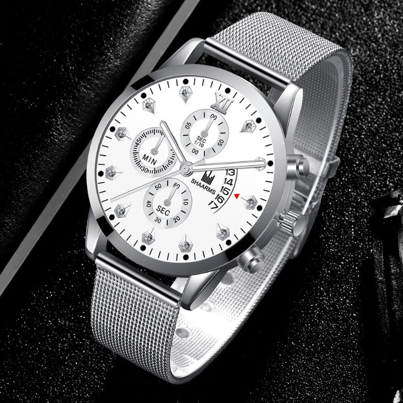 Mode Zakelijke Versierde Wijzer Met Kalender Wijzerplaat Legering Mesh Band Heren Quartz Horloge Polsband
