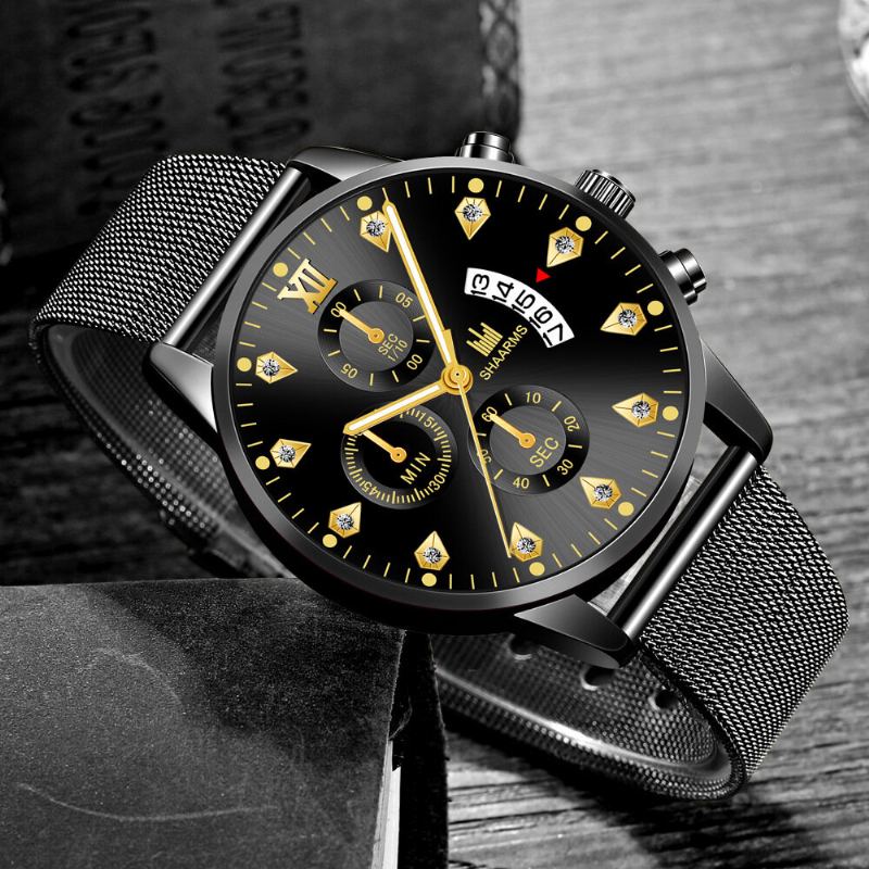 Mode Zakelijke Versierde Wijzer Met Kalender Wijzerplaat Legering Mesh Band Heren Quartz Horloge Polsband