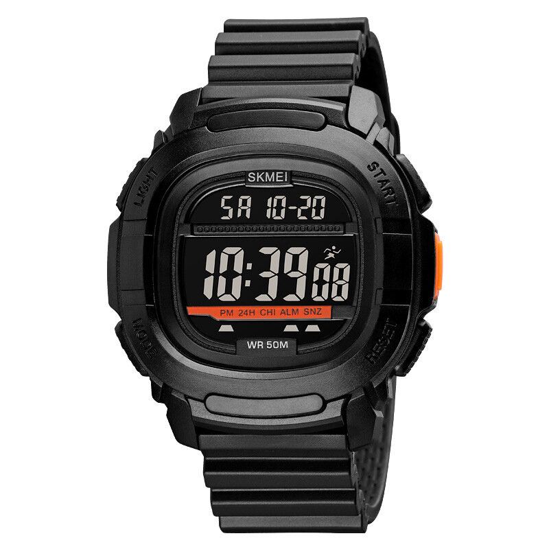 Sport Herenhorloge Datum Weekweergave 5atm Waterdicht Stopwatch Countdown Led Light Outdoor Digitaal Horloge