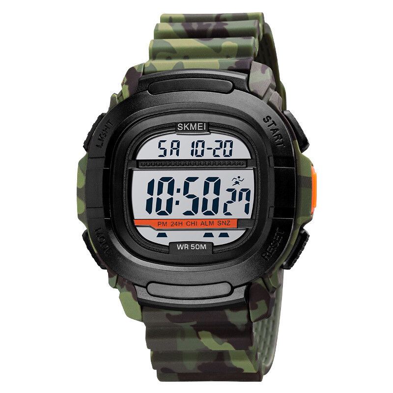 Sport Herenhorloge Datum Weekweergave 5atm Waterdicht Stopwatch Countdown Led Light Outdoor Digitaal Horloge