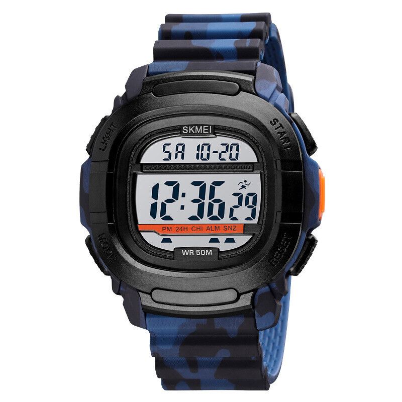 Sport Herenhorloge Datum Weekweergave 5atm Waterdicht Stopwatch Countdown Led Light Outdoor Digitaal Horloge