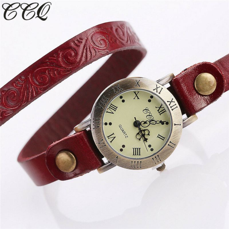Vintage Retro Stijl Dames Quartz Horloge Koeienhuid Nicked Roman Cijfer Lederen Cirkel Polshorloge