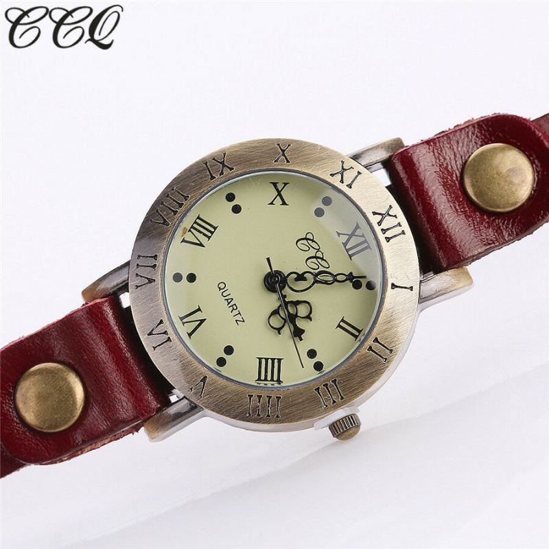 Vintage Retro Stijl Dames Quartz Horloge Koeienhuid Nicked Roman Cijfer Lederen Cirkel Polshorloge