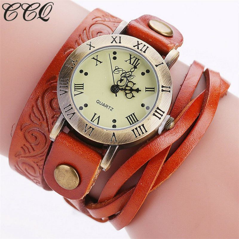 Vintage Retro Stijl Dames Quartz Horloge Koeienhuid Nicked Roman Cijfer Lederen Cirkel Polshorloge