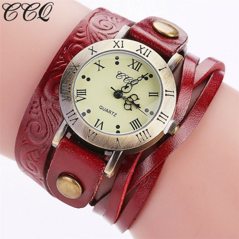 Vintage Retro Stijl Dames Quartz Horloge Koeienhuid Nicked Roman Cijfer Lederen Cirkel Polshorloge