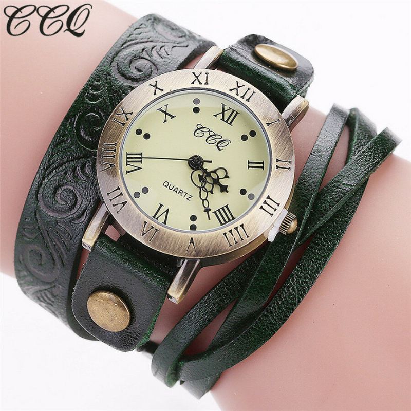 Vintage Retro Stijl Dames Quartz Horloge Koeienhuid Nicked Roman Cijfer Lederen Cirkel Polshorloge