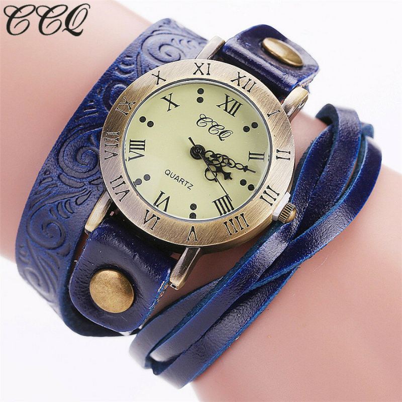 Vintage Retro Stijl Dames Quartz Horloge Koeienhuid Nicked Roman Cijfer Lederen Cirkel Polshorloge