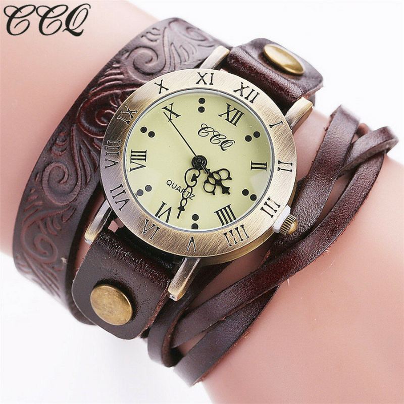 Vintage Retro Stijl Dames Quartz Horloge Koeienhuid Nicked Roman Cijfer Lederen Cirkel Polshorloge