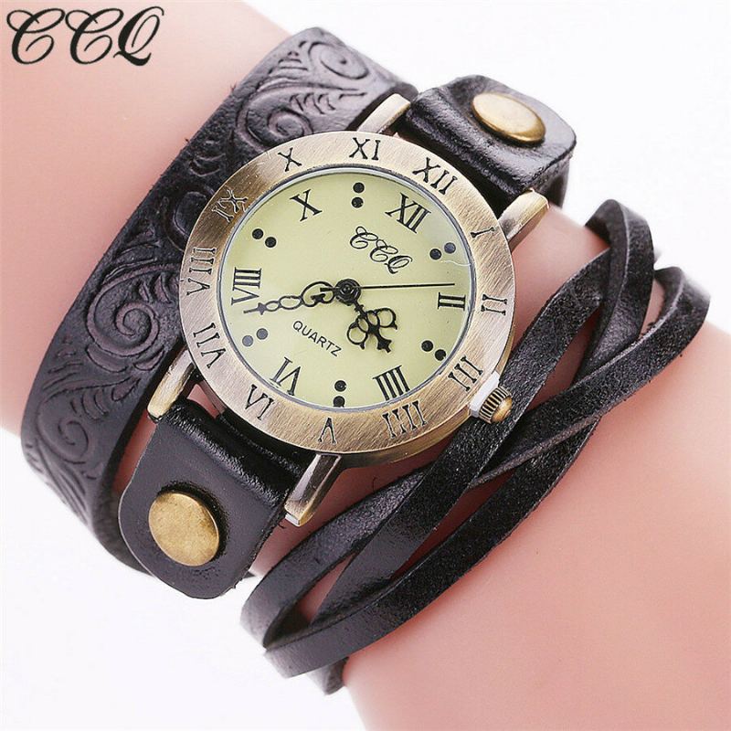 Vintage Retro Stijl Dames Quartz Horloge Koeienhuid Nicked Roman Cijfer Lederen Cirkel Polshorloge