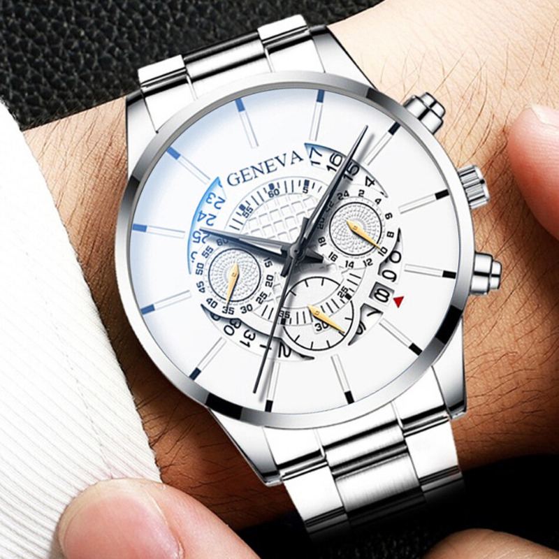 Zakelijk Met Kalender Wijzerplaat Roestvrij Stalen Band Waterdicht Heren Quartz Horloge