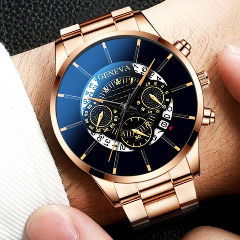 Zakelijk Met Kalender Wijzerplaat Roestvrij Stalen Band Waterdicht Heren Quartz Horloge