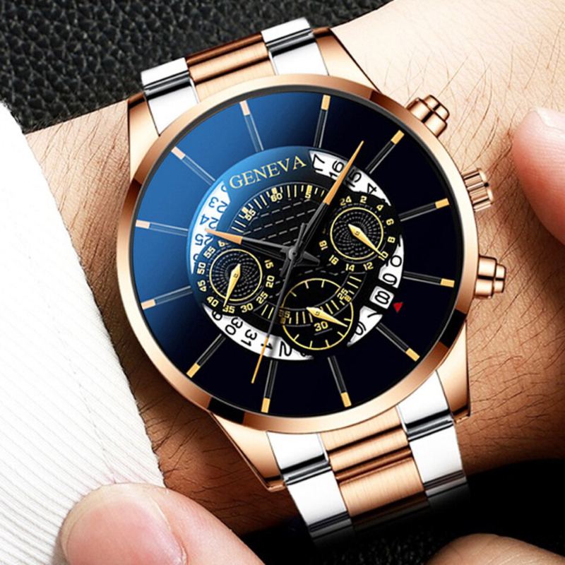 Zakelijk Met Kalender Wijzerplaat Roestvrij Stalen Band Waterdicht Heren Quartz Horloge