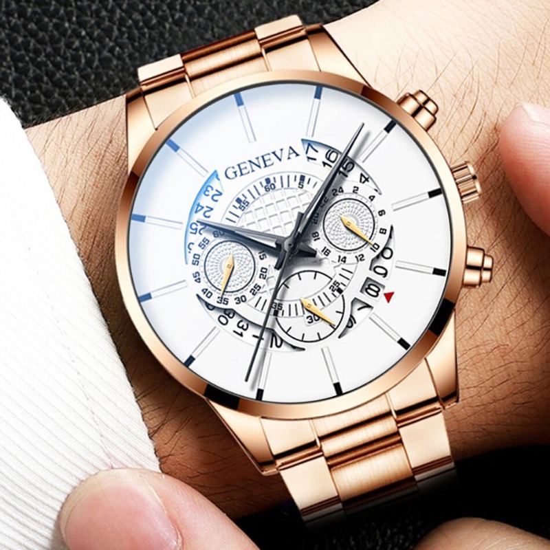 Zakelijk Met Kalender Wijzerplaat Roestvrij Stalen Band Waterdicht Heren Quartz Horloge