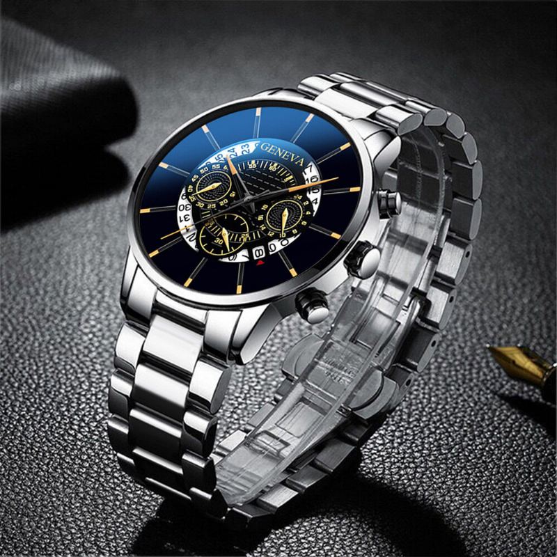 Zakelijk Met Kalender Wijzerplaat Roestvrij Stalen Band Waterdicht Heren Quartz Horloge