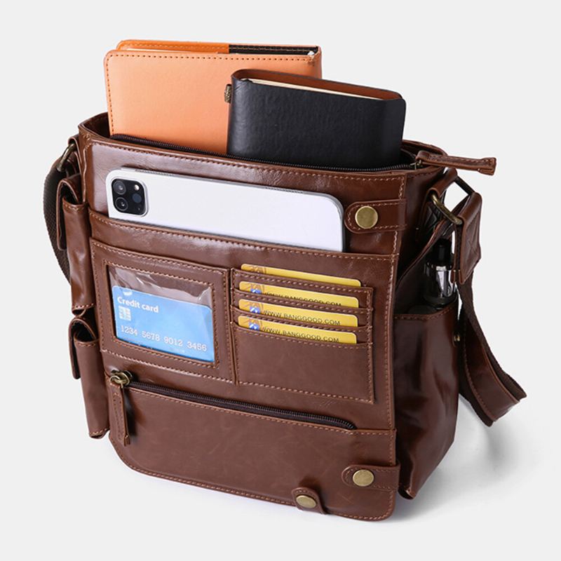 E Ekphero Mannen Pu Lederen Vintage Zakelijke Multifunctionele Multi-kaartsleuven Multi-zakken Crossbody Tas Schoudertas