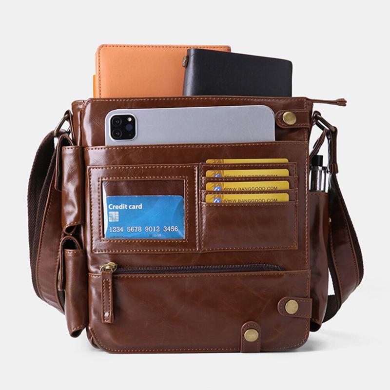E Ekphero Mannen Pu Lederen Vintage Zakelijke Multifunctionele Multi-kaartsleuven Multi-zakken Crossbody Tas Schoudertas