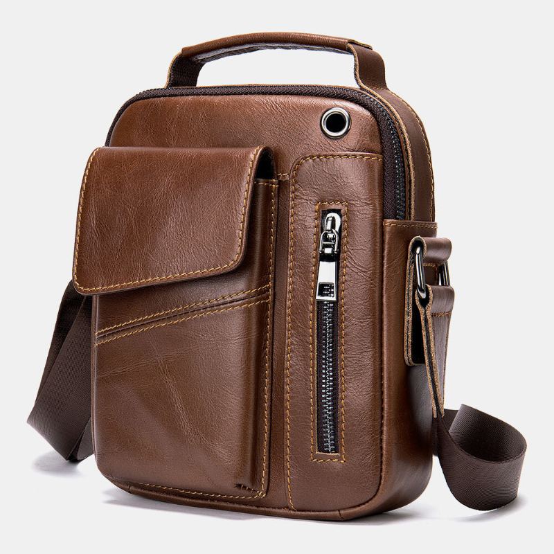 Mannen Echt Leer Multi-zakken Oortelefoon Gat Vintage Waterdichte Crossbody Tassen Schoudertassen